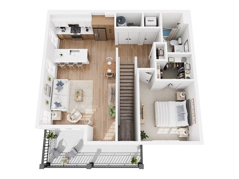 Apartment A1 floor plan showing a 1 bedroom, bathroom, living room, kitchen and balcony